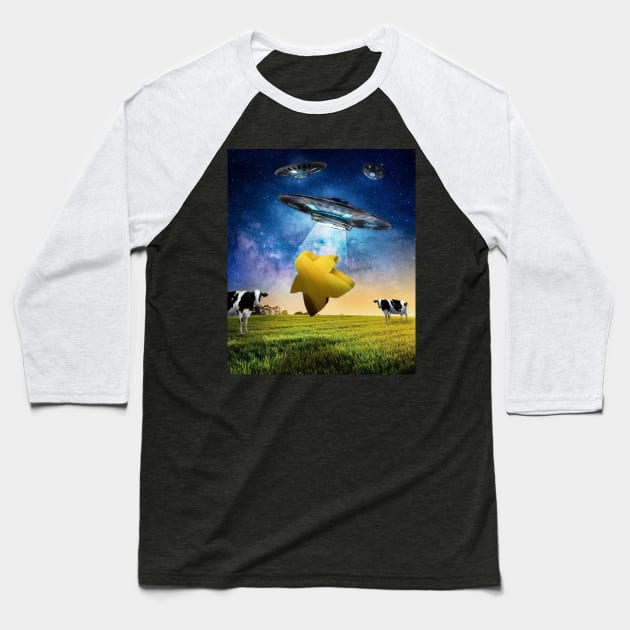 UFO Abducting Meeple, Board Gaming Alien Abduction Baseball T-Shirt by Random Galaxy